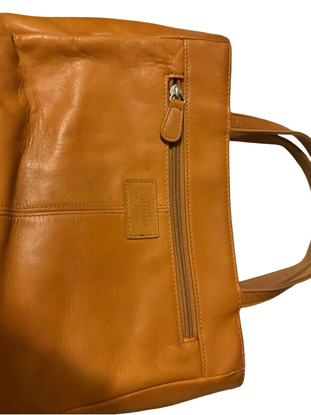 Cognac Leather Tote Bag with Front Zip Pocket